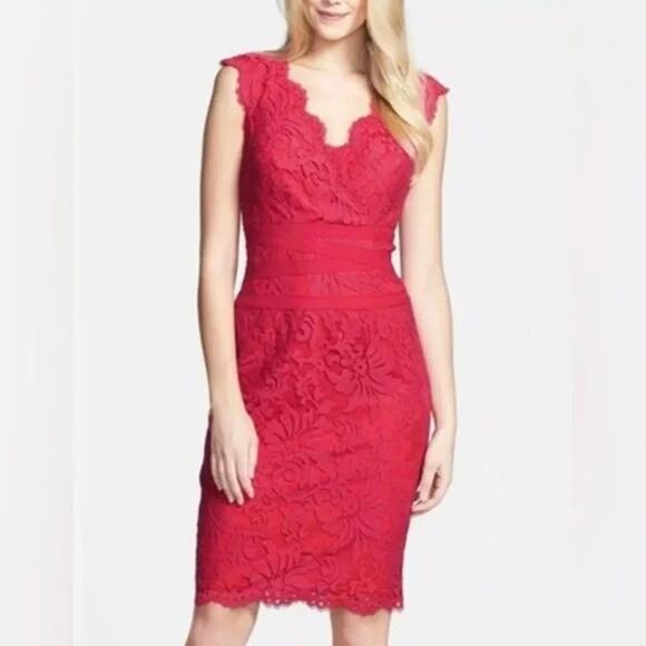 Tadashi Shoji Dress Womens 16 Sheath Embroidered Lace V-Neck Knee Length Red - Picture 1 of 12